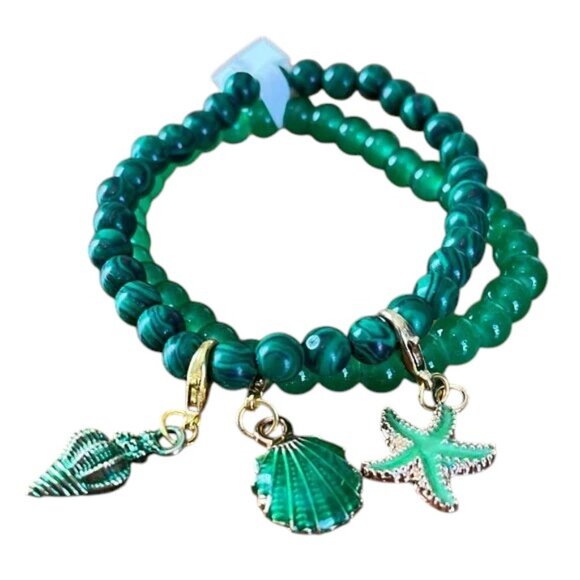 Charmze Set of Two Malachite and Crystal Beaded Stretch Bracelets With Charms - Picture 1 of 5